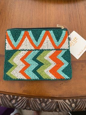 Beaded Chevron Cosmetic Pouch - Green, Orange & Aqua